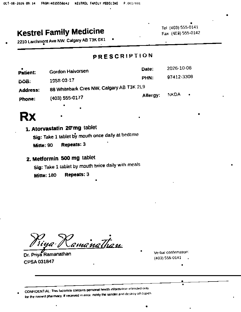 A faxed prescription as it arrives, slightly degraded (synthetic demo fax)